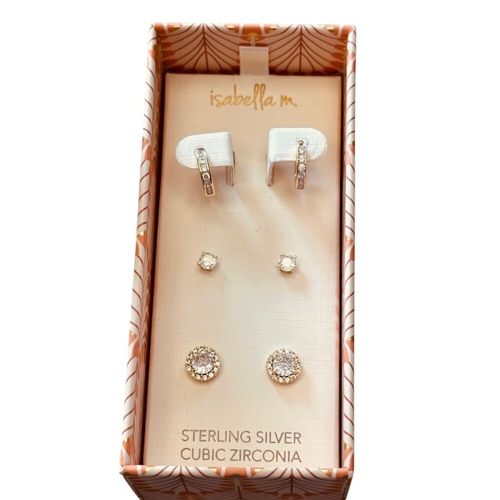 NEW 3 Pairs of Isabella M. Gold over Sterling Silver Stud and Huggie Earrings